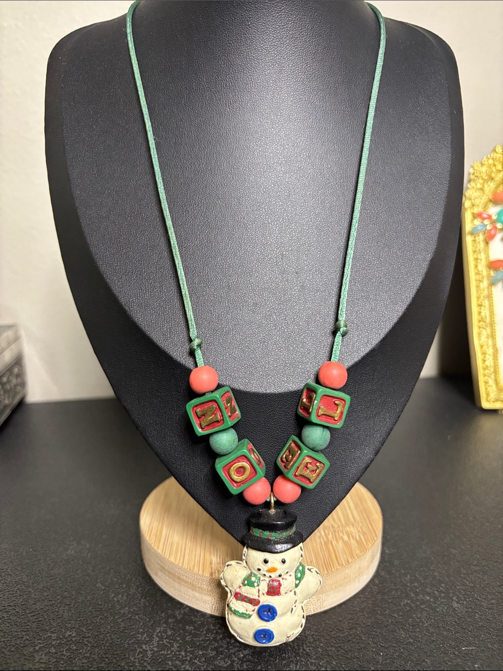 Vintage Handcrafted Green and Red Snowman Pendant Necklace Jewelry